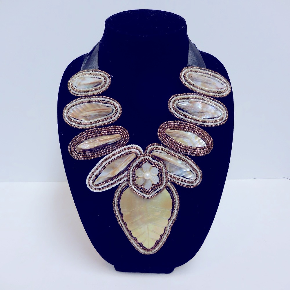 Beaded Shell Bib Necklace  Adjustable Ribbon  NWOT